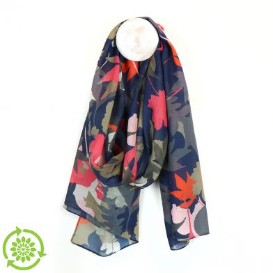 Recycled Navy and Sage Leaves Scarf