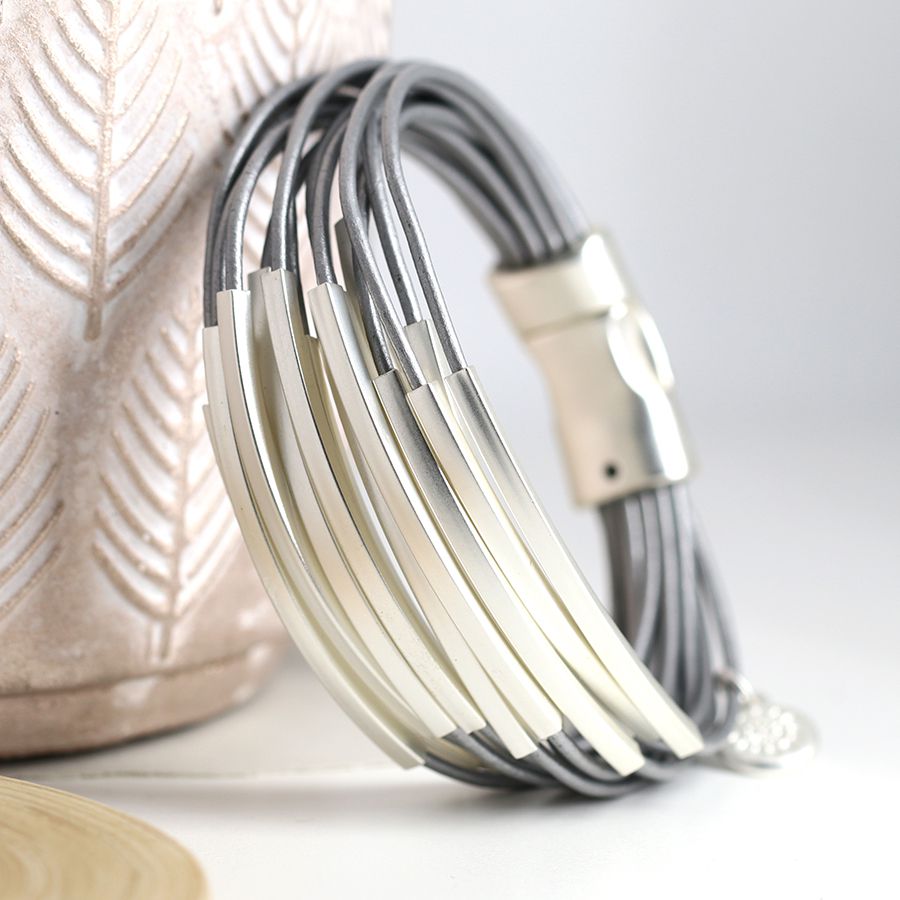 Grey multi strand leather and silver bars bracelet