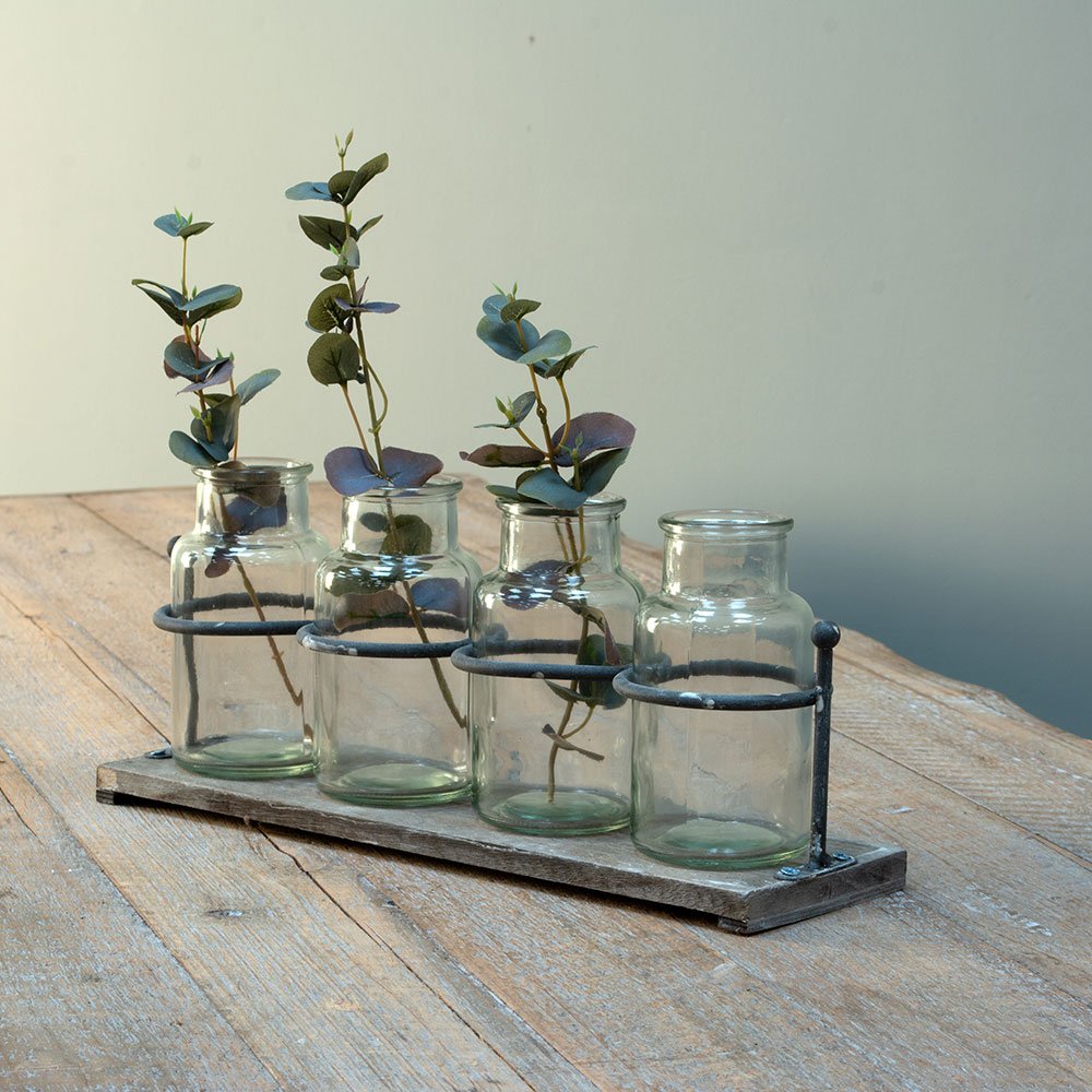 Wooden and Metal Rack With 4 Mini Jar Vases