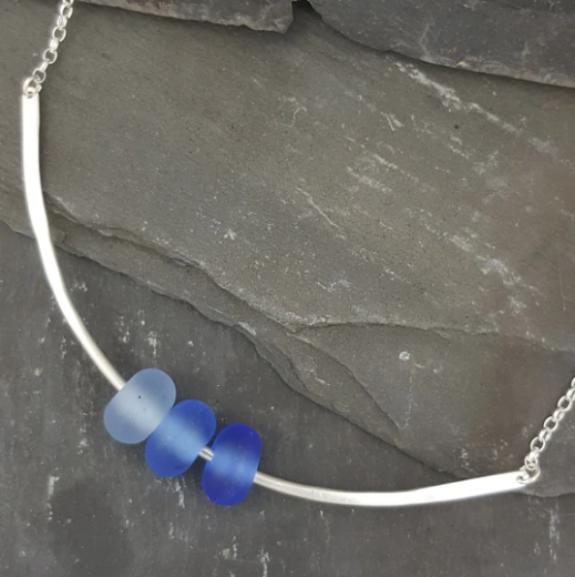 Dark Blue Gradient Glass Bead Silver Necklace